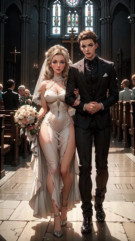 woman in a high front slit wedding dress,wearing see trough dress, inside church, walking down church aisle, surrounded by people, detailed face, elegant, photorealistic, 8k, best quality, highly detailed, intricate, dramatic lighting, cinematic, eroticall...