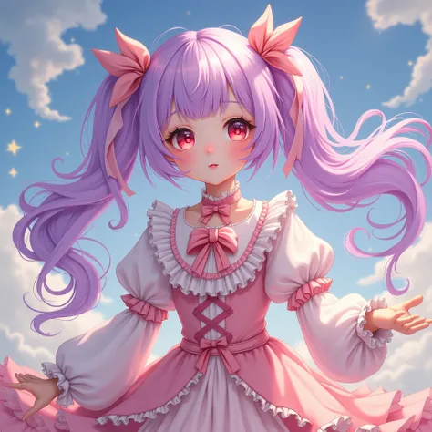 A girl with half-twin hair, some of which is dyed pink and purple, with white hair.。Red eyes and droopy eyes。She wears clothes with lots of frills and ribbons.