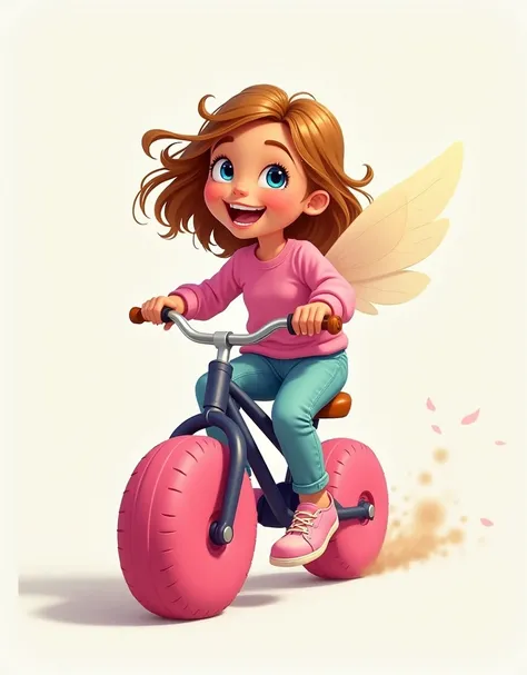 digital illustration, A happy girl, by rubio, Beard style, Riding a bike with pink tires, pink shirt, dark, bright blue eyes, smiling, open frame, whole body. Beard style, details about clothes. angelic beauty, Neutral background with nothing.