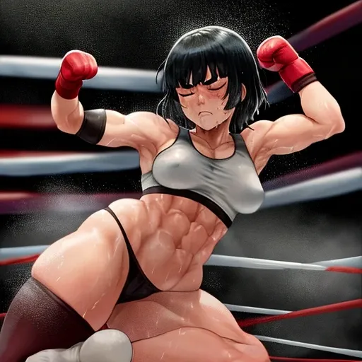 a bloody beautiful Japanese female heavyweight fighters is slumped down in the octagon fighting ring of underground arena with audience. her both arms over the ring ropes. She is groggy. she is beated down. she is knocked down. whole body picture. She took...