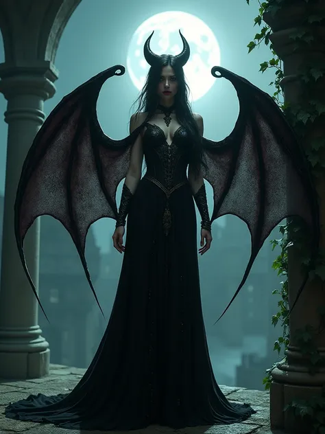 beautiful vampire woman with a gargoyle body and bat wings, Medieval surrealist night environment, super realistic image