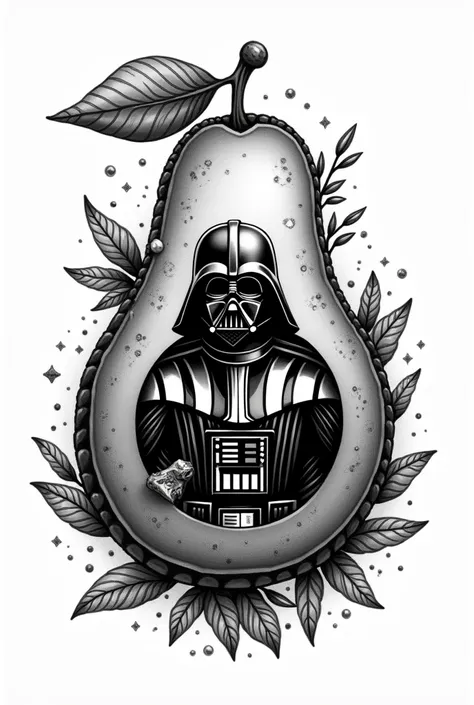 Create a black and white tattoo on an avocado like a Star Wars ship and Dart Vader inside but more balanced