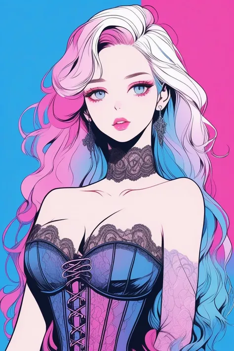 
Illustrator, anime , Realistic ,sketch , 3 women, model, Portraiture, lip, She is wearing a strapless, lace-filled corset-like bodysuit., order, Blue and pink gradient background, Neon colored hair, Big Breasts, Sexy look, Sexy pose, Texture Trim, Russia,...