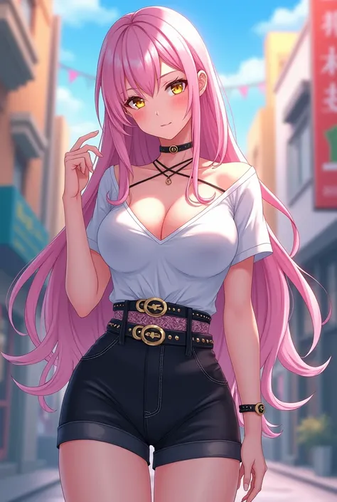 Anime style image with the following characteristics:

1. The character must be a woman with very white skin.
2. The character must have big breasts and a good body.
3. Must have pastel yellow eyes, beautiful and with long eyelashes.
4. Her hair should be ...