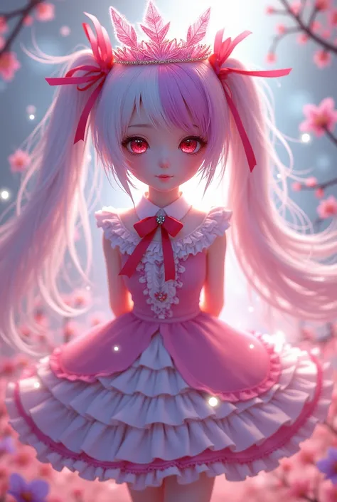 A girl with half-twin hair, some of which is dyed pink and purple, with white hair.。Red eyes and droopy eyes。She wears clothes with lots of frills and ribbons. pink crystal hair