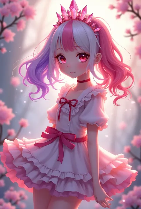 A girl with half-twin hair, some of which is dyed pink and purple, with white hair.。Red eyes and droopy eyes。She wears clothes with lots of frills and ribbons. pink crystal hair