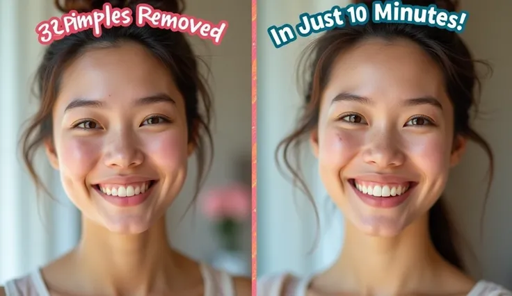 "Before & After - Acne Treatment"
On the left side: A beautiful womans face with visible pimples.
On the right side: The same womans face after 10 minutes, with clear skin. Add the text: "Pimples Removed in Just 10 Minutes!"