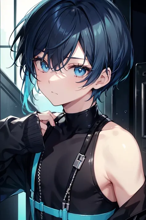 A boy with short black hair, with a lock of blue hair on the right side of the hair a little longer than the rest of the hair,cyan colored eyes, very clear skin, wearing black clothes.