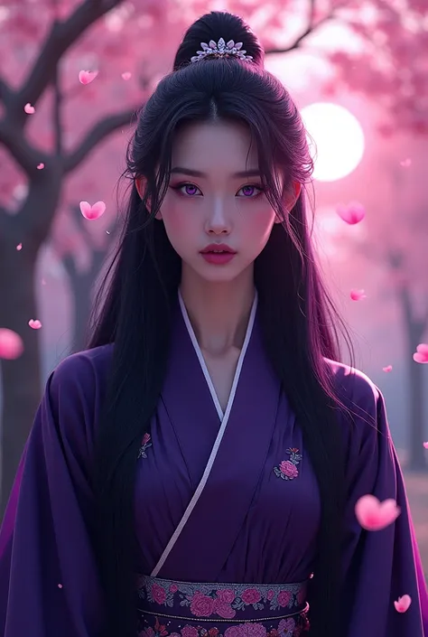 Powerful Gourgeous Japanese woman in dark purple outfit, long purple-black hair, violet eyes, she is powerful.