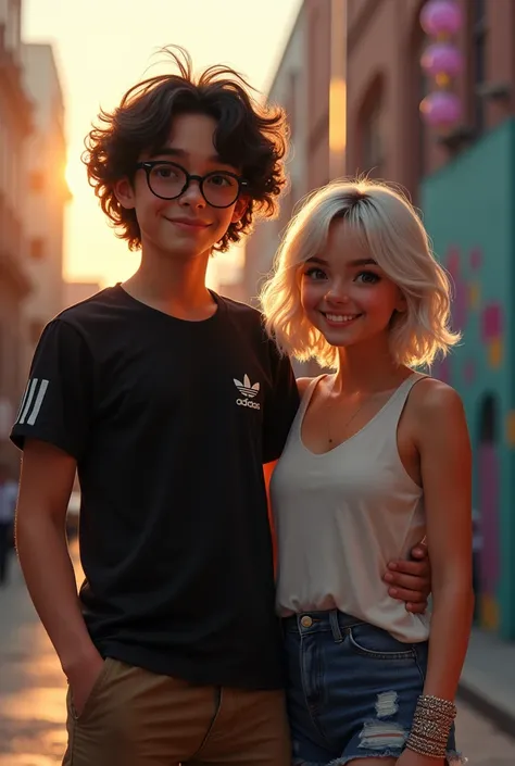 Tall curly dark boy, wears glasses and a black Adidas shirt, a white girl with short wavy hair and bangs has a beautiful bracelet and smile 