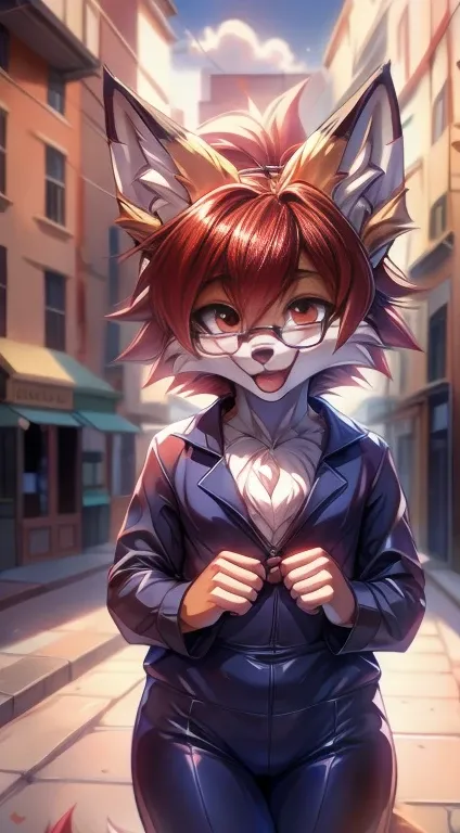 fox furry girl with short red hair, fluffy hair shy, beautiful red eyes, wearing glasses,  very  fluffy tail, small chest, bow in hair, , happy , happy mouth, young body, Good girl, wearing a sexy bodysuit , leaning over, walking in the streets, being ador...