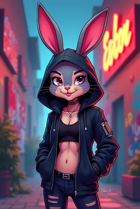 drawing animal bad bunny with hood and black jacket without shirt and abs 
