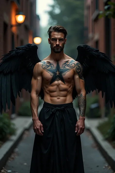 A man with perfect body wear black dress shirtless and evil star tattoo on his chest with black wings 