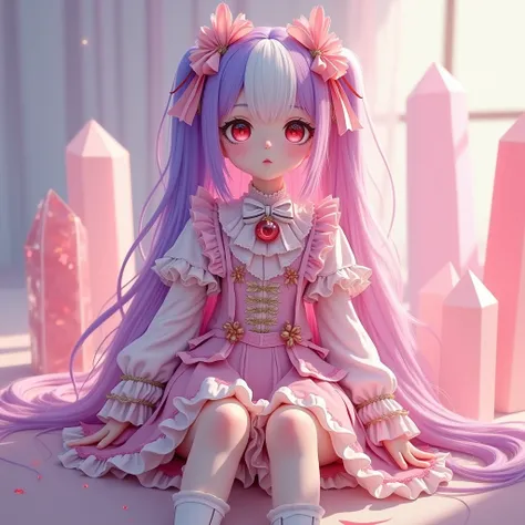 A girl with half-twin hair, some of which is dyed pink and purple, with white hair.。Red eyes and droopy eyes。She wears clothes with lots of frills and ribbons. (((transparent pink crystal hair)))