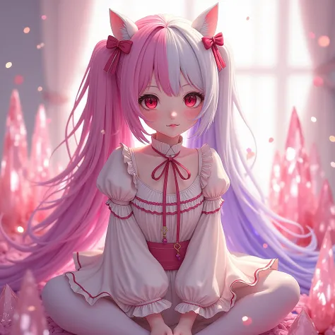 A girl with half-twin hair, some of which is dyed pink and purple, with white hair.。Red eyes and droopy eyes。She wears clothes with lots of frills and ribbons. (((transparent pink crystal hair)))