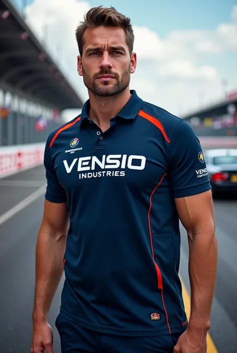 create racing crue polo shirt with VENSIO INDUSTRIES logo letters on it 
