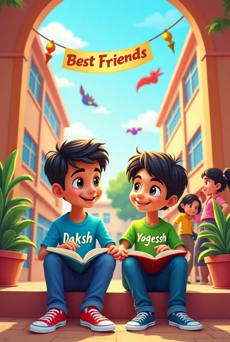 2 friends siting on the school name is M.V.C.V.N enjoying the study, one boy name "DAKSH" written on the shirt and another boy name "YOGESH" written on the t shirt 2d cartoon behind the cartoon best friend text