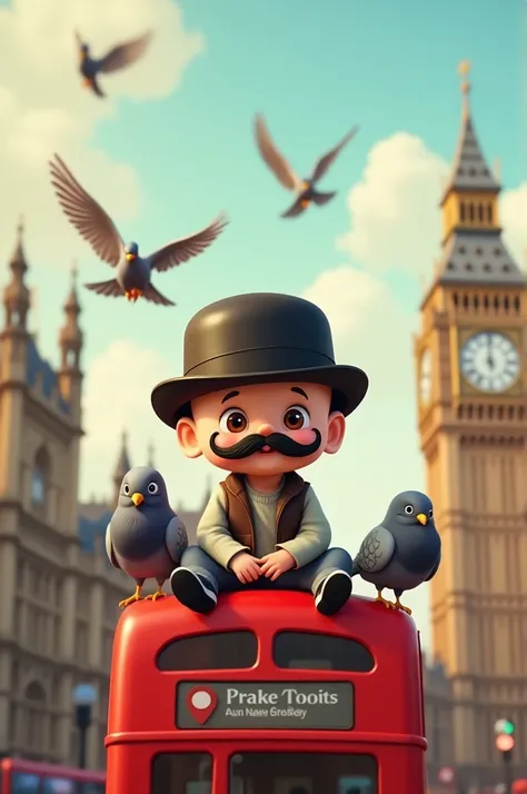 An animated cartoon of a baby with a mustache and a bowler hat, in London