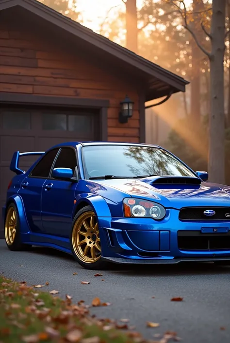 Subaru GC8 ,blue,Gold wheels, Park in front of the garage, At dawn, Realistic