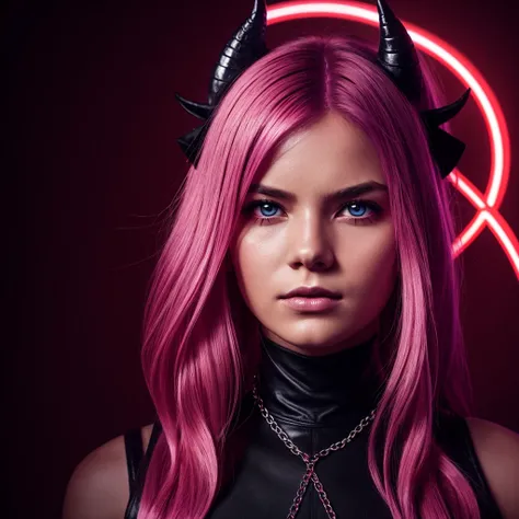 makiman,"A striking digital art portrait of a young woman with long, flowing pink hair, a glowing neon halo, and horns atop her head. Her intense red-orange eyes shine with a piercing, hypnotic gaze. She wears a white collared shirt and a black tie, projec...