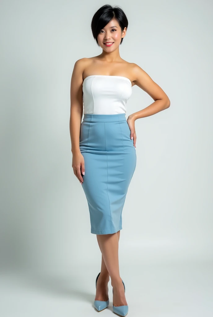 Sexy Asian woman. Short hair. Large firm breasts. Breasts are very large and protrude out. Very thin waist. Wearing a short, pencil skirt with high waist. Skirt is light blue. Wearing white tube top shirt. High heels. Facing forward and smiling. full body ...