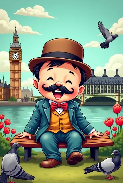 A comic-style illustration of a baby with a mustache and a bowler hat, in London