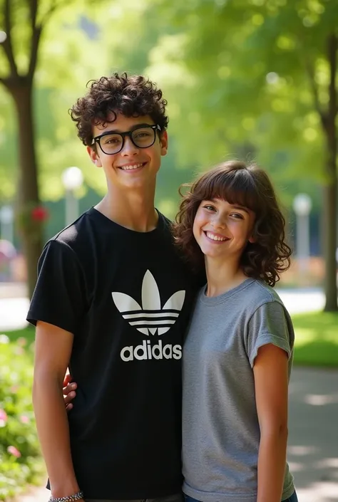 Tall curly dark boy, wears glasses and a black Adidas shirt, a white girl with short brown wavy hair and bangs has a beautiful bracelet and smile, wearing gray clothes and short shorts 