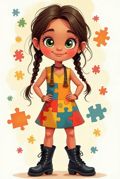 create an illustration for me with the symbol that represents autism, with a 4 year old girl with green eyes and dark blonde hair, with braid "Maria Chiquinha" with some loose curls from the braid, wearing a pair of black boots with heels, posing holding t...