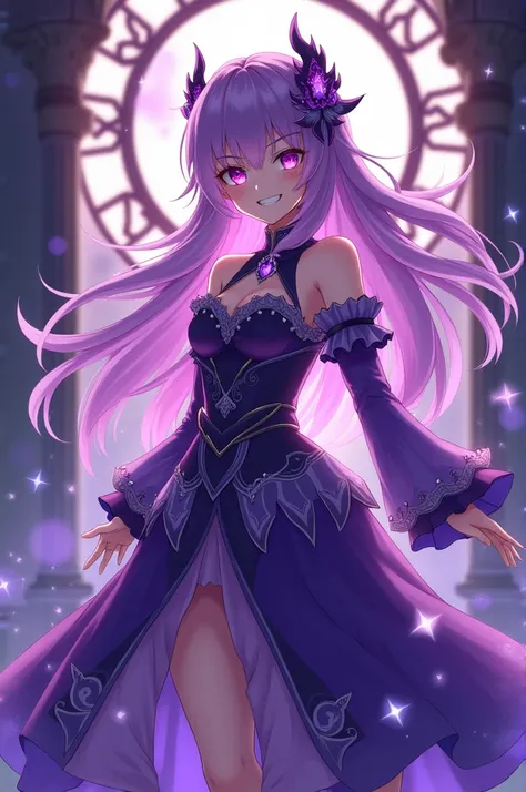 anime girl with purple hair and purple eyes in a purple outfit, ayaka genshin impact, [[[[grinning evily]]]], akasuki voidstar, onmyoji portrait, hajime yatate, anime moe artstyle, portrait knights of zodiac girl, keqing from genshin impact, ayaka game gen...