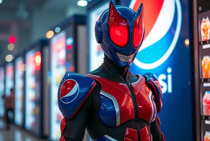 Kamen Rider, his costume color is based on Pepsi. He is standing at a vending machine filled with Pepsi drinks, with a Pepsi factory in the background.