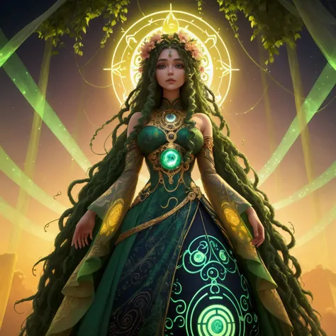 A vibrant and harmonious illustration of Solarpunk Gaia, depicting a futuristic yet organic world where nature and technology coexist in perfect balance. The image features a serene and powerful Gaia, a goddess of the Earth, standing amidst a lush forest w...