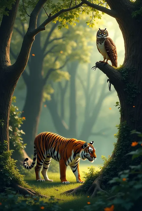 One day, while the tiger was hunting in the forest, he came across an old owl.