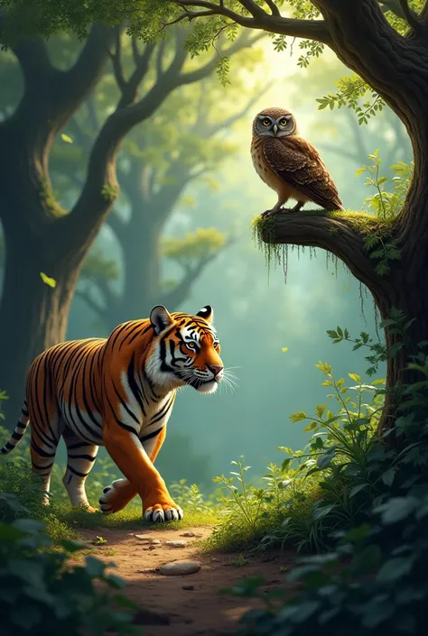 One day, while the tiger was hunting in the forest, he came across an old owl.