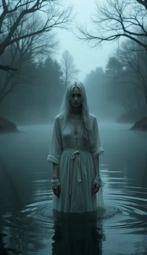 A dark, mist-covered lake with a ghostly figure rising from the water, her face filled with sorrow and loss