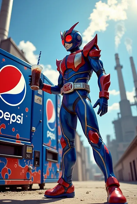 Kamen Rider, his costume color is based on Pepsi. He is standing at a vending machine filled with Pepsi drinks, with a Pepsi factory in the background.