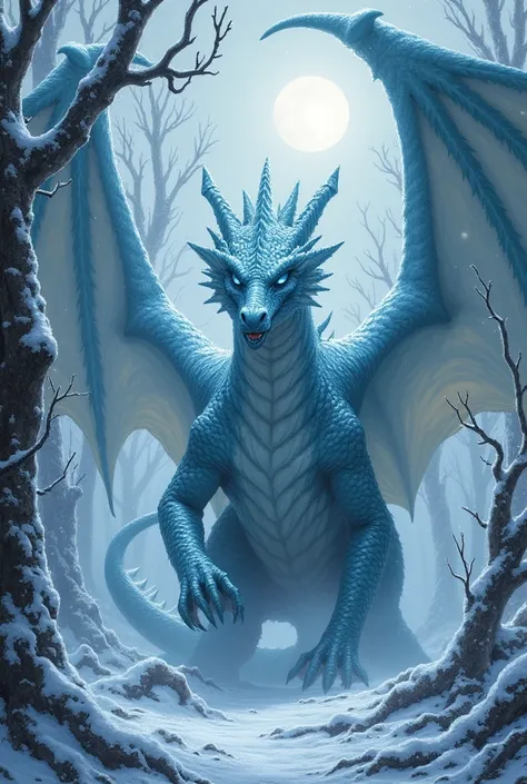 A powerful and terrifying ice dragon , appeared imposing and aggressive hidden among the trees in a snowy landscape 