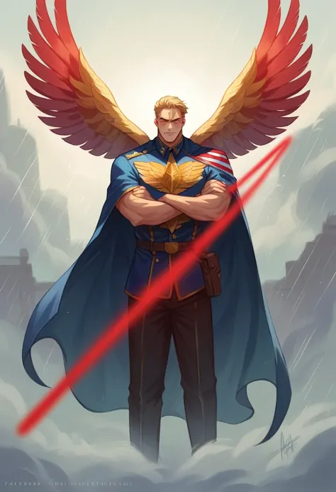 an epic scene of homelander from The boys, a blond evil super, with an outfit similar to the america, red laser eyes, wears a blue and gold uniform, with a cape that flutters in the wind, adorned with a golden eagle on the right shoulder. an upright and co...