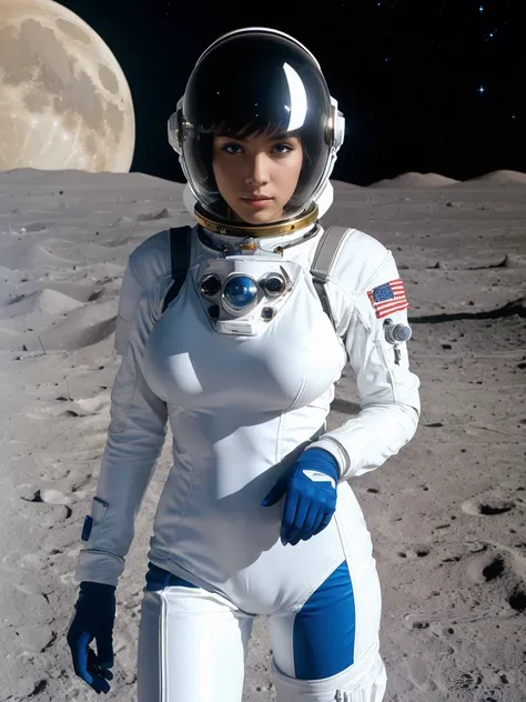 Gorgeous and sultry busty athletic (thin) astronaut with sharp facial features wearing a white space suit, opaque space helmet, gold visor, spacesuit, bodysuit, ray gun, jetpack, spaceship, 1960s, space, lunar surface, moon, earth rise, Earthrise, space, s...