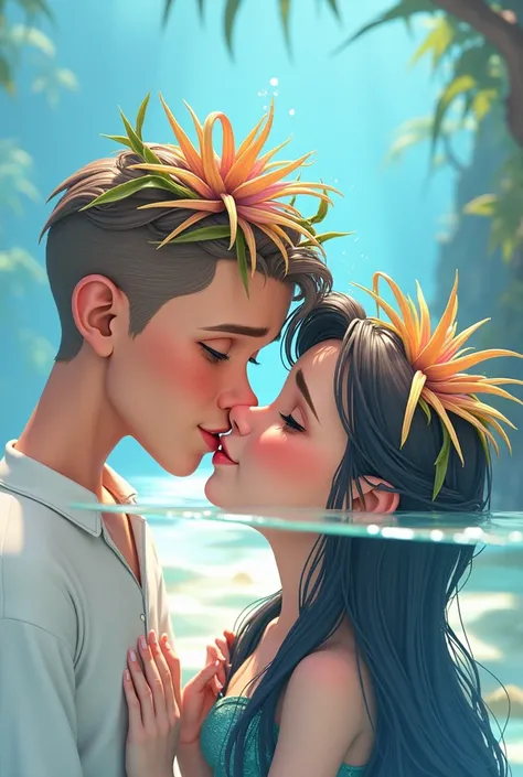 a pixar style couple, be a mermaid, be light brown skinned, have full lips, tilted eyes cabello negro com tranças de ponta loira, and the other is white, profiled nose, shorth hair, tilted eyes, fine tune, pink lips, tthin eyebrows, lying under a rock in t...