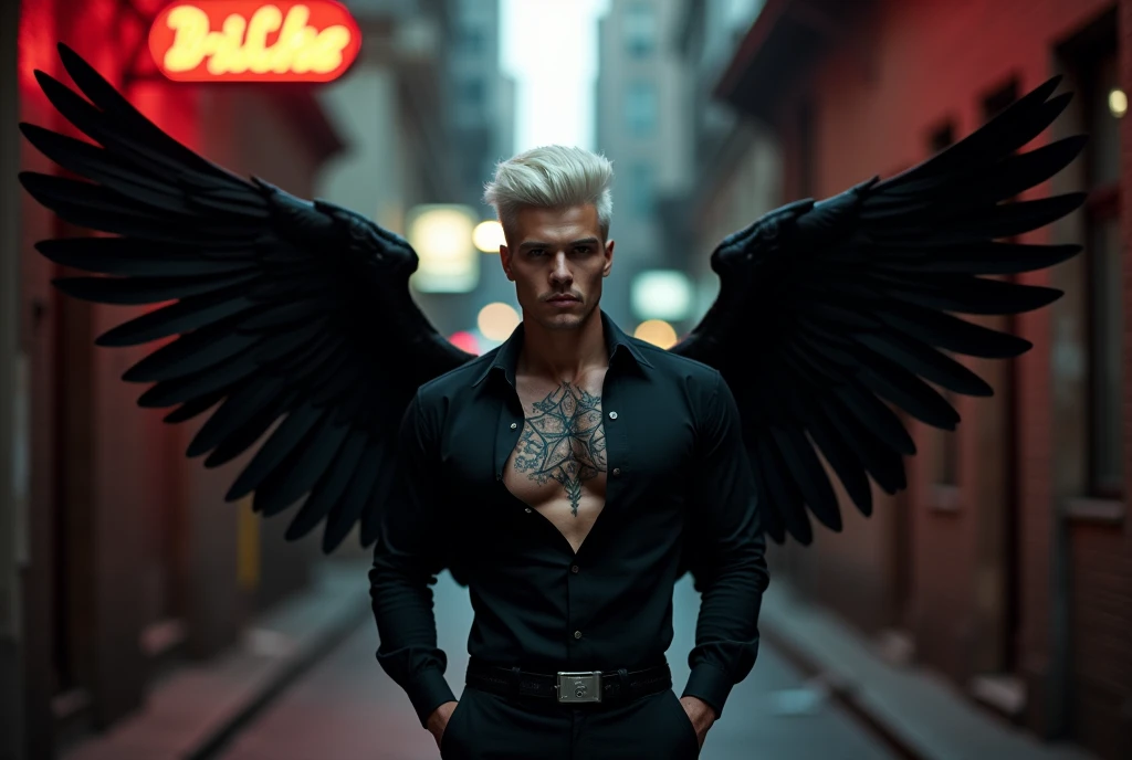 A man with perfect body wear black dress shirtless and evil star tattoo on his chest with black wings white hairs quiff haircut age 38