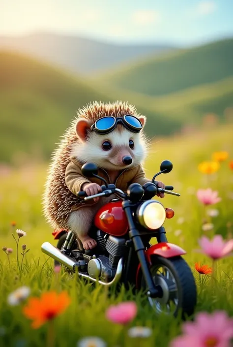 Hedgehog animal getting off a motorcycle 