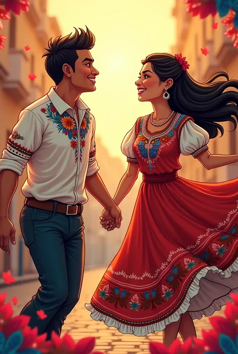 Images for Paraguayan Folklore Day in the form of a cartoon of couples in traditional costumes with a ñanduti background in the colors of the Paraguayan flag