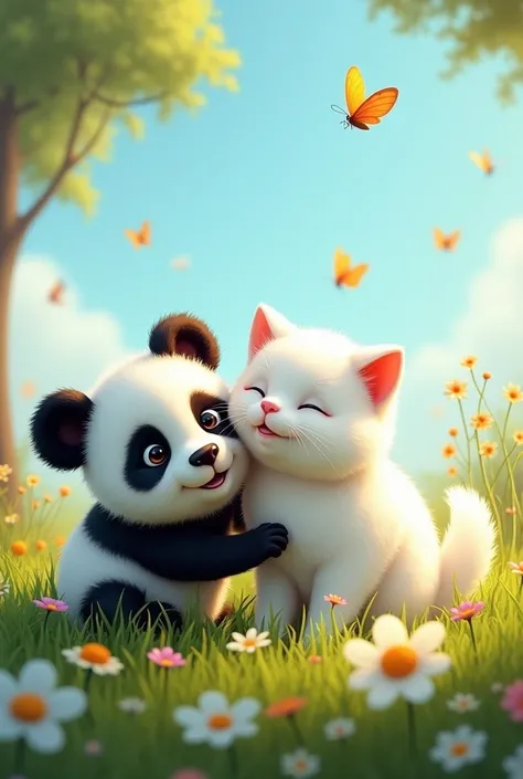 Cute panda and white cat love