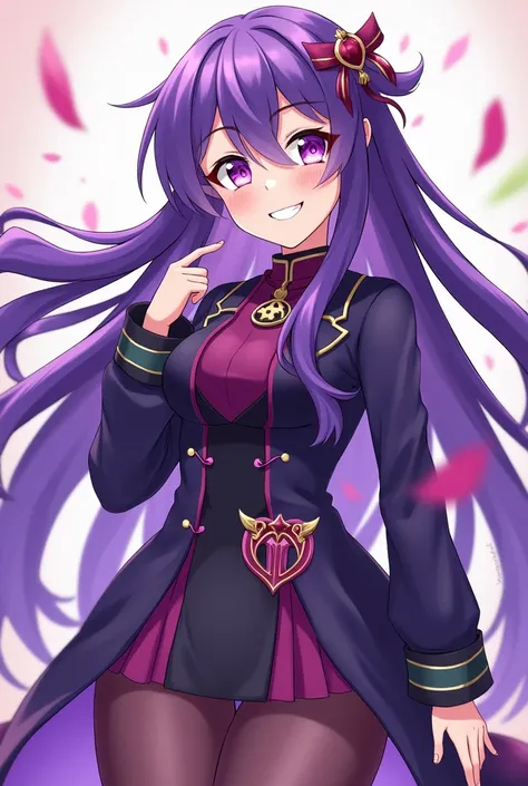 anime girl with purple hair and purple eyes in a purple outfit, ayaka genshin impact, [[[[grinning evily]]]], akasuki voidstar, onmyoji portrait, hajime yatate, anime moe artstyle, portrait knights of zodiac girl, keqing from genshin impact, ayaka game gen...