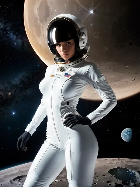 Gorgeous and sultry busty athletic (thin) astronaut wearing a white space suit, opaque space helmet, gold visor, spacesuit, bodysuit, ray gun, jetpack, spaceship, 1960s, space, lunar surface, moon, earth rise, Earthrise, space, stars, American flag, huge b...