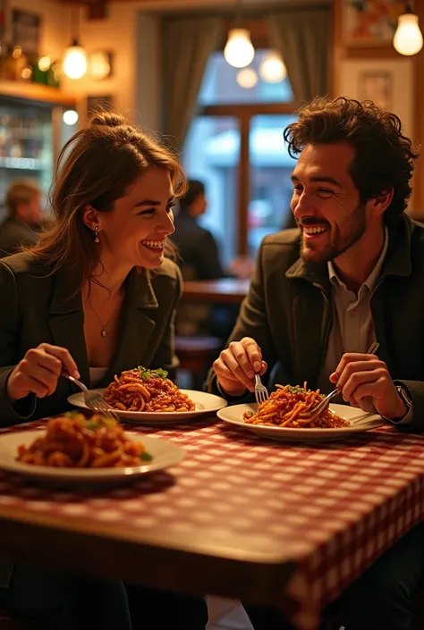 Two people sitting side by side at the same table and eating the same meal, one of them is eating in a thoughtful and anxious way, while the other is just focused on his meal and smiling.