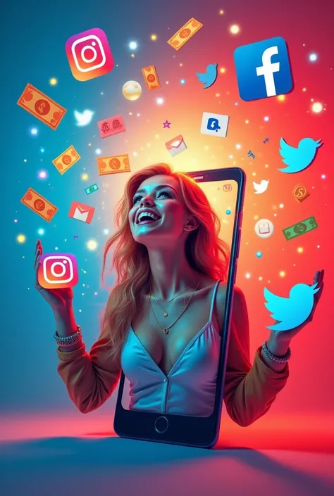 Generate a promotional recruitment poster for social media work written in Spanish calling for joining the group by putting social media icons and digital money and dollars in the image.