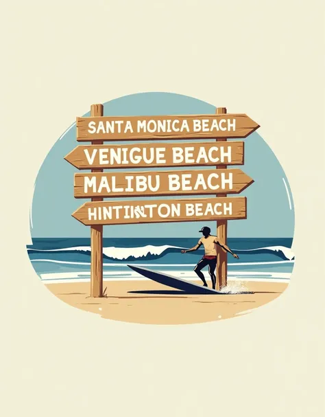 Create a minimalist t-shirt design in a 2D flat design style. The design should feature a wooden sign with the following California beach names listed vertically, one below the other: Santa Monica Beach, Venice Beach, Malibu Beach, Laguna Beach, Huntington...