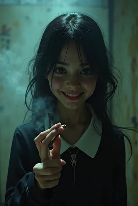 masterpiece, highest quality, (solo focus), (perfect face:1.1), (high detail:1.1), (hyper detailed eyes),Bright torture chamber、Sadistic high school girl is holding a torture device.Holding a cigarette、A crazy smile、Look at viewers、Make the screen brighter