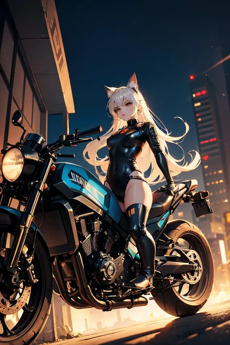 Huntress riding a high-tech motorcycle, Shoot high-tech artillery, Sparks from the gun, (1 female, brown eyes, white skin, Twin-tailed hair, choker, small breasts, skinny, lip whole, compensate, eyeliner, Russia), Wearing black one-piece leather armor, Lon...